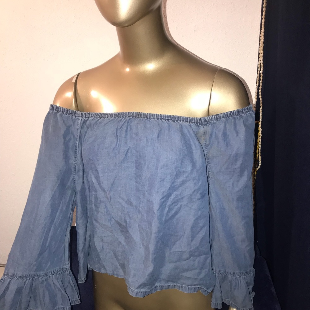 Blue jean off the shoulder blouse